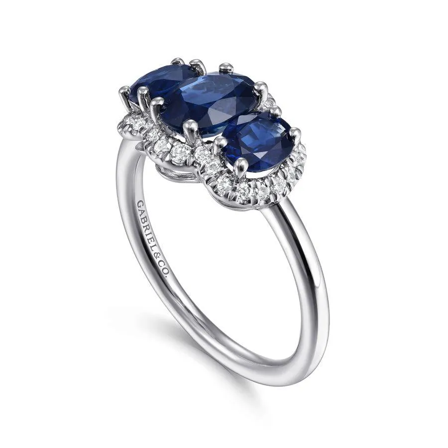 14K White Gold Diamond and Sapphire Oval Halo Three Stone Ring
