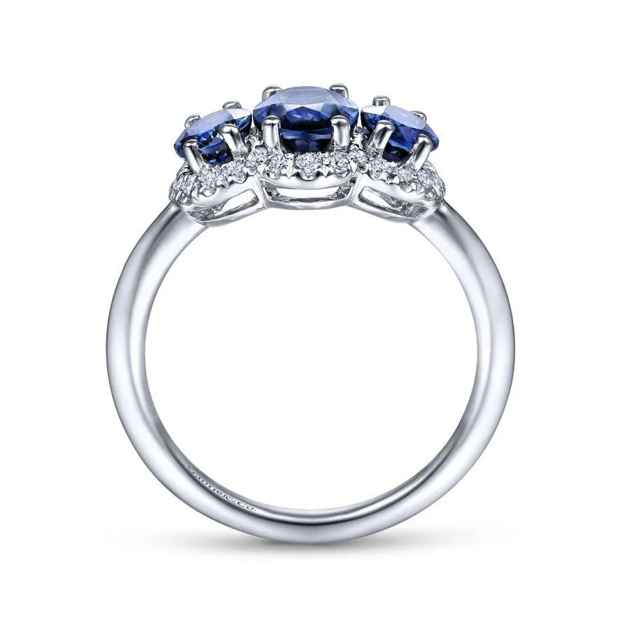 14K White Gold Diamond and Sapphire Oval Halo Three Stone Ring