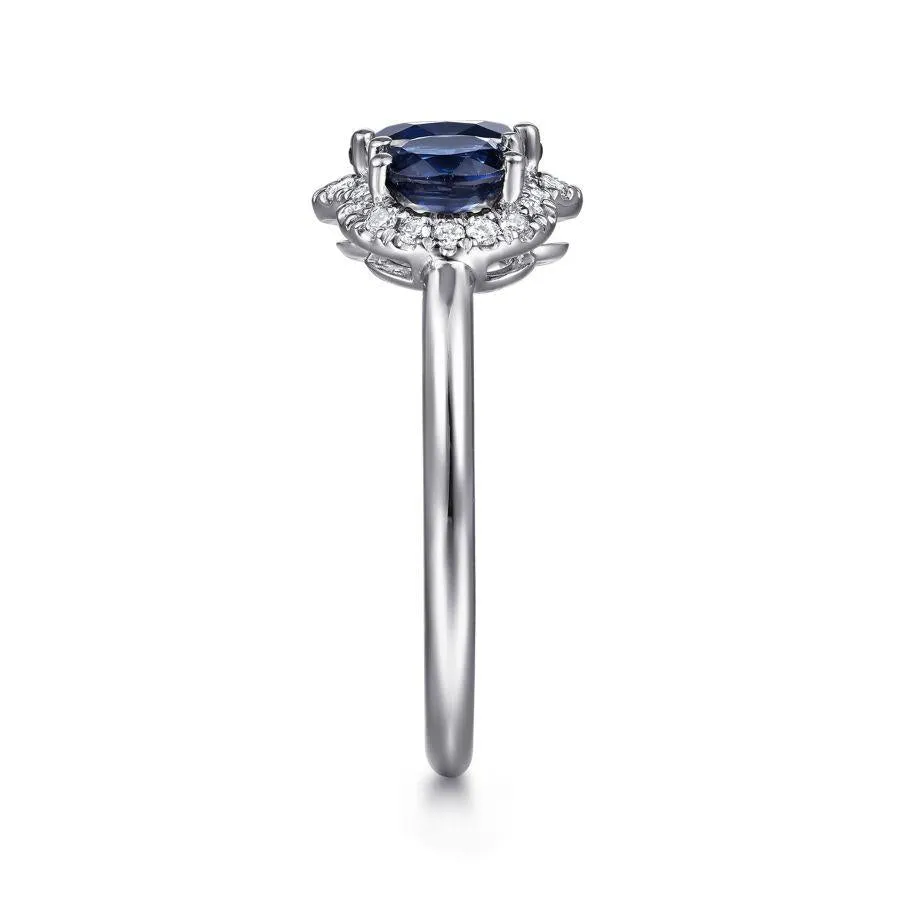 14K White Gold Diamond and Sapphire Oval Halo Three Stone Ring