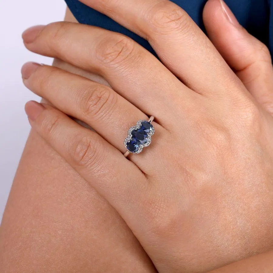 14K White Gold Diamond and Sapphire Oval Halo Three Stone Ring