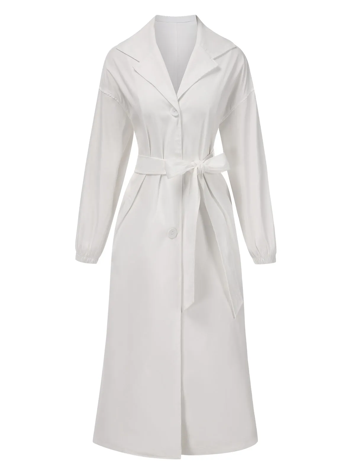 1940s Solid Notched Collar Belted Long Coat