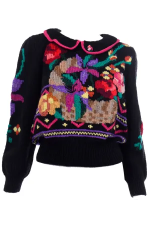 1980s Berek Black Wool Hand Knit Vintage Multicolor Flower Basket Sweater