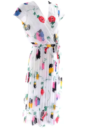Albert Nipon Semi Sheer White Colorful Floral Print 1970s Vintage Dress