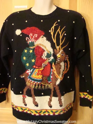 Amazing 80s Pullover Santa and Reindeer Ugly Christmas Sweater