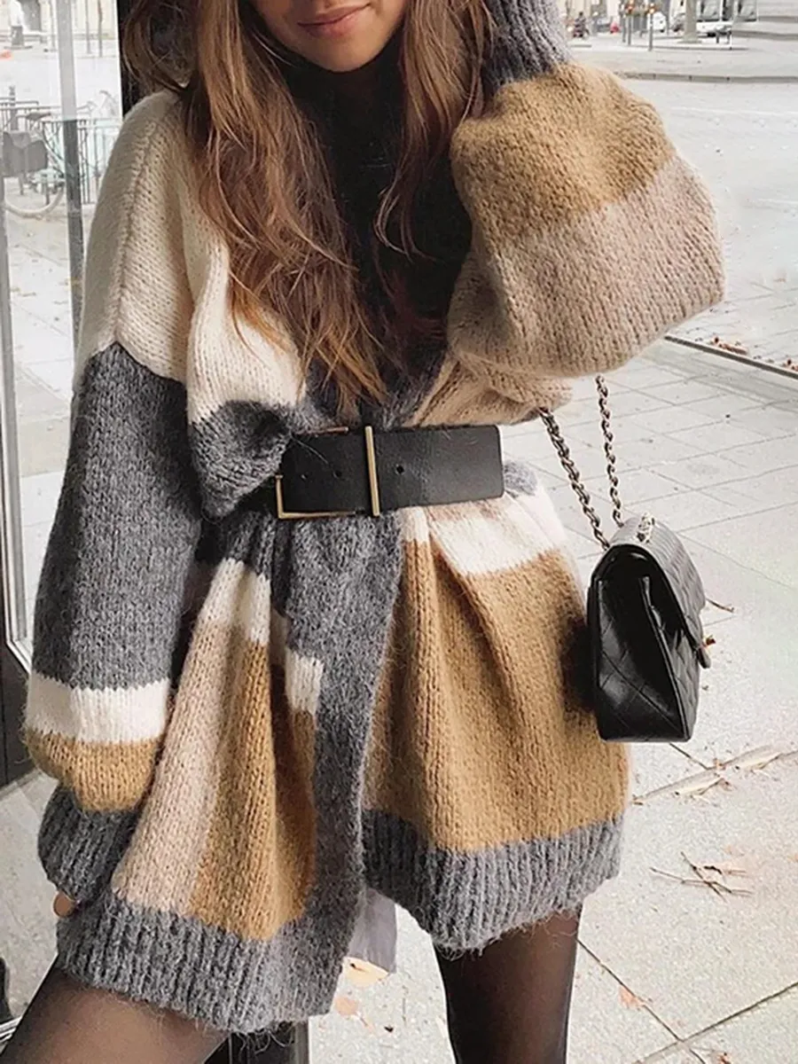 Autumn And Winter Fashion Women'S Color Matching Sweater Coat