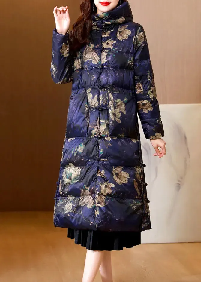 Beautiful Purple Stand Collar Print Chinese Button Duck Down Puffer Coat Winter ML2762