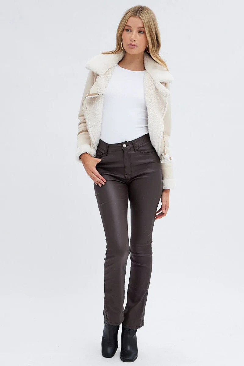 Beige Faux Fur Biker Jacket