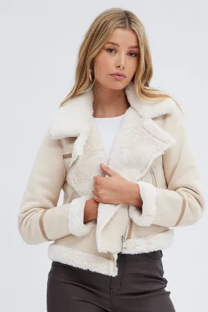 Beige Faux Fur Biker Jacket