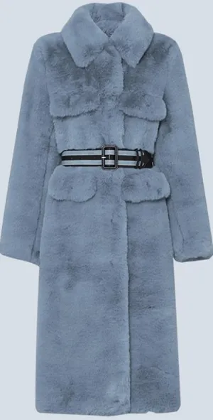 Belted Faux-Fur Coat, Steel Blue