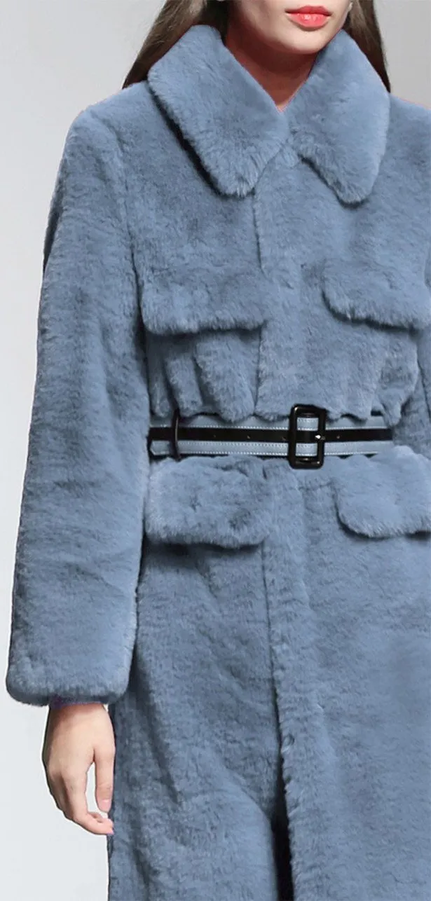 Belted Faux-Fur Coat, Steel Blue