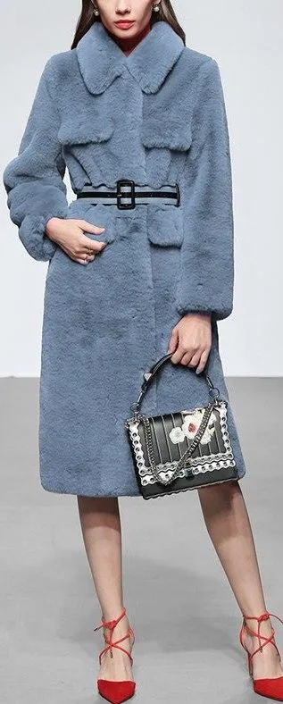 Belted Faux-Fur Coat, Steel Blue