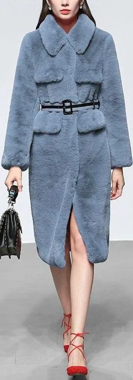 Belted Faux-Fur Coat, Steel Blue