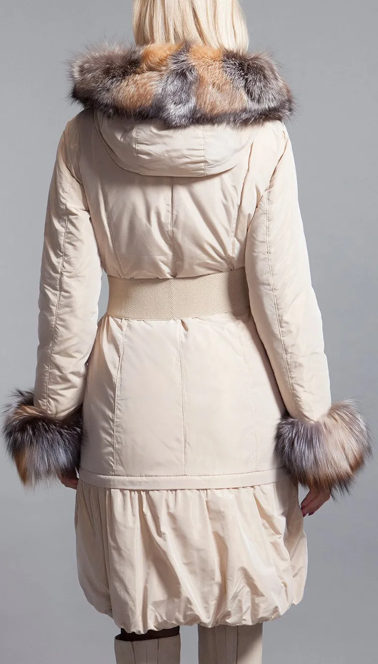Belted Fox-Fur-Trimmed Down Coat