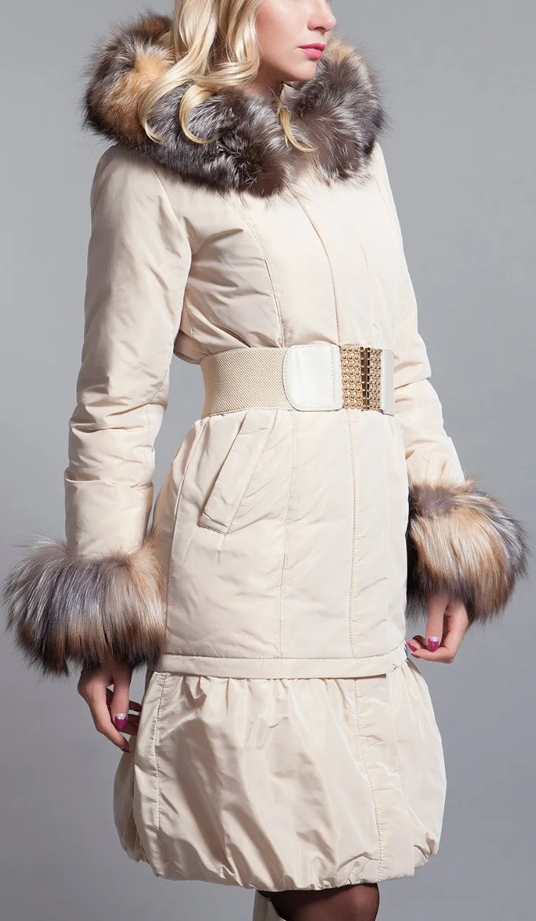 Belted Fox-Fur-Trimmed Down Coat