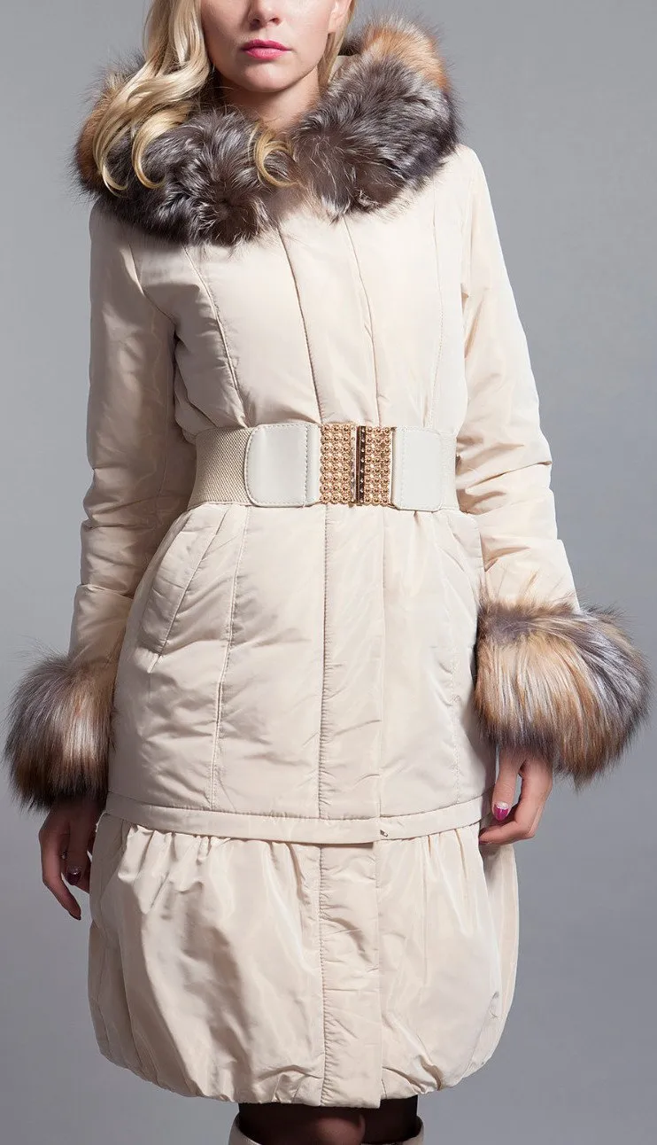 Belted Fox-Fur-Trimmed Down Coat