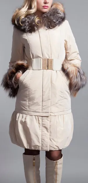 Belted Fox-Fur-Trimmed Down Coat