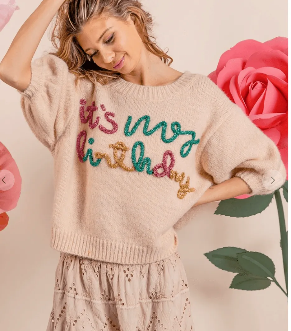 BiBi "It's My Birthday" Metallic Letter Short Sleeve Sweater Top IP6625-20