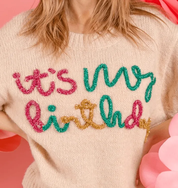 BiBi "It's My Birthday" Metallic Letter Short Sleeve Sweater Top IP6625-20
