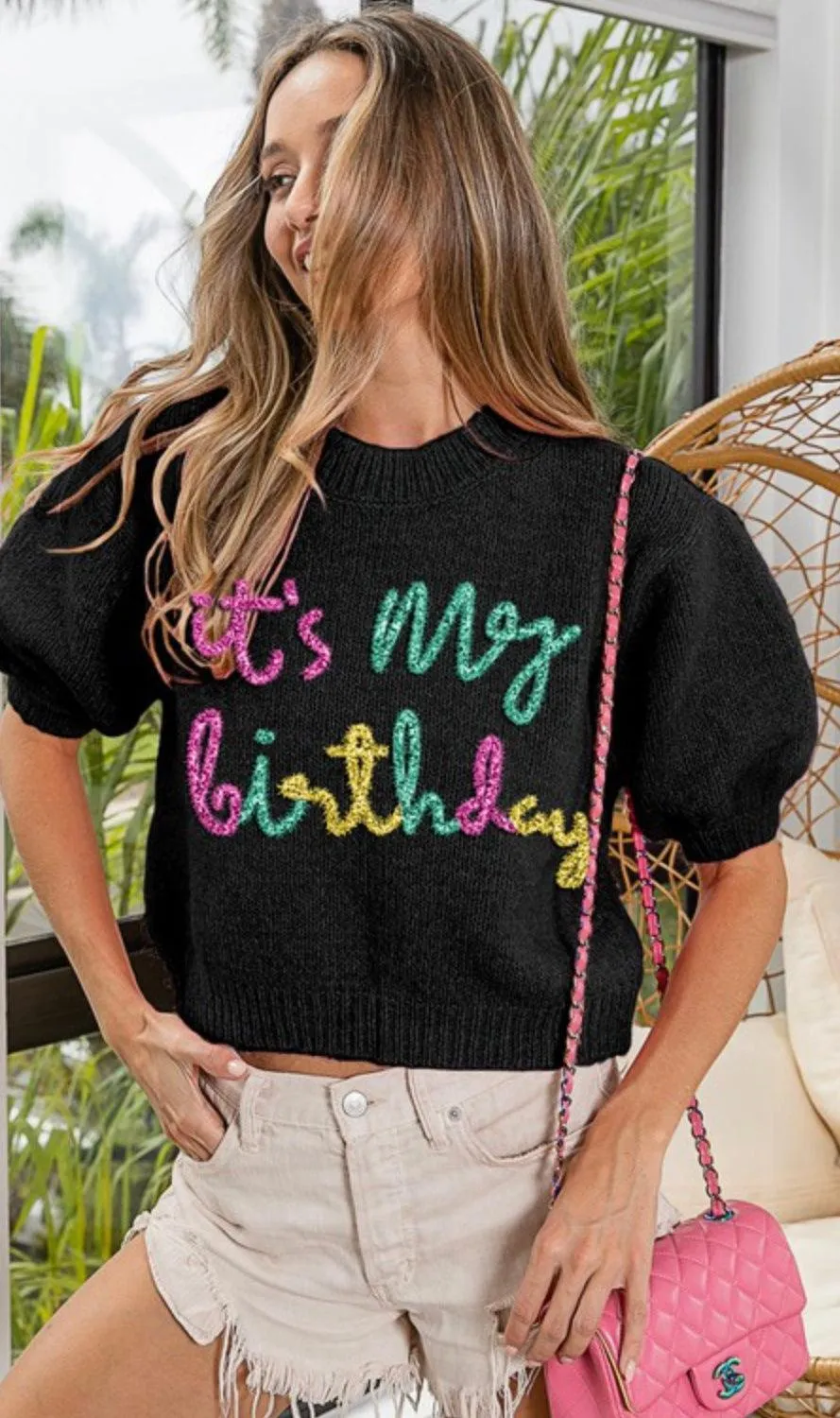 BiBi "It's My Birthday" Metallic Letter Short Sleeve Sweater Top IP6625-20