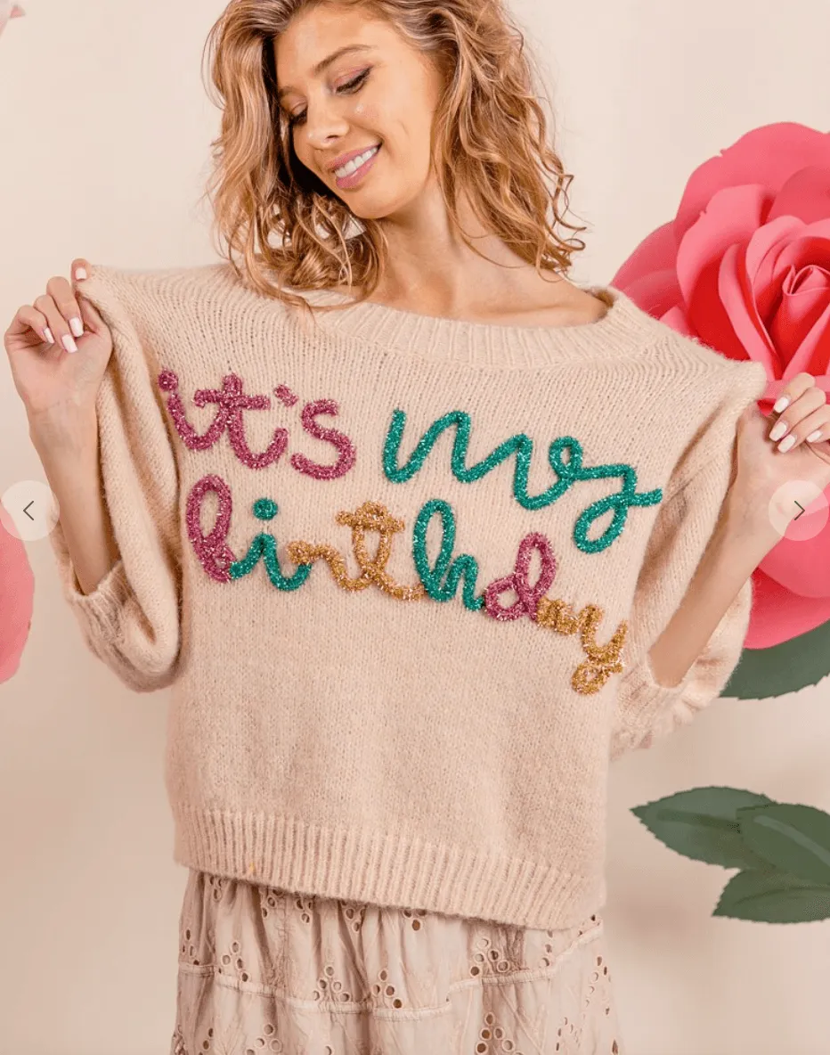 BiBi "It's My Birthday" Metallic Letter Short Sleeve Sweater Top IP6625-20