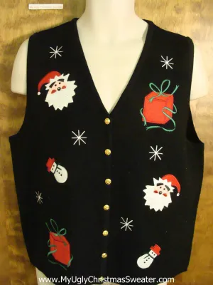 Black Holiday Sweater Vest with Cute Santas
