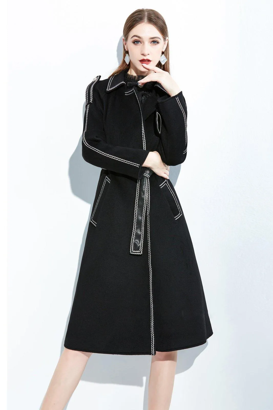 Black Leather Belted Wool Blend Long Coat