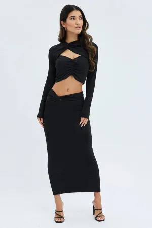 Black Midi Skirt Twisted Waist Double Layer