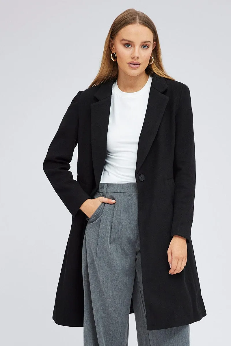 Black One Button Coat Knee Length