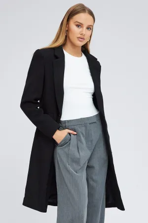 Black One Button Coat Knee Length