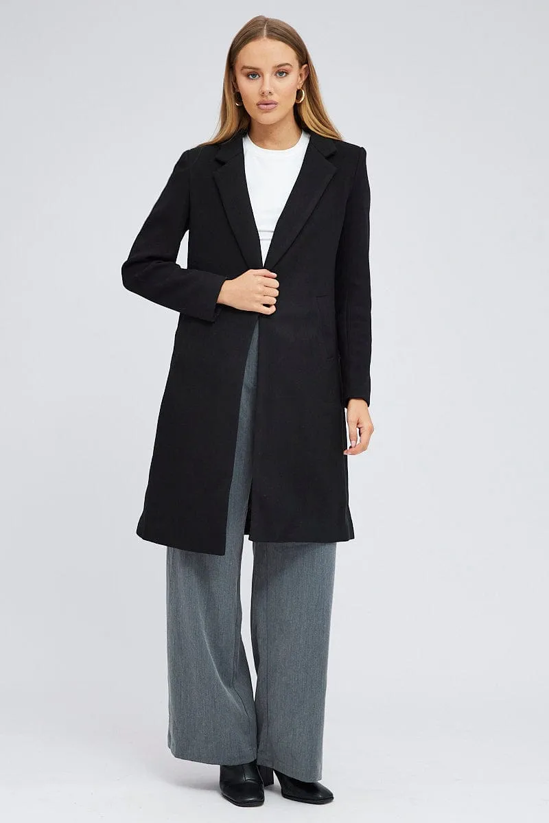 Black One Button Coat Knee Length