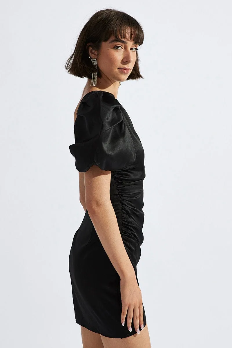 Black One Shoulder Puff Sleeve Statement Dress
