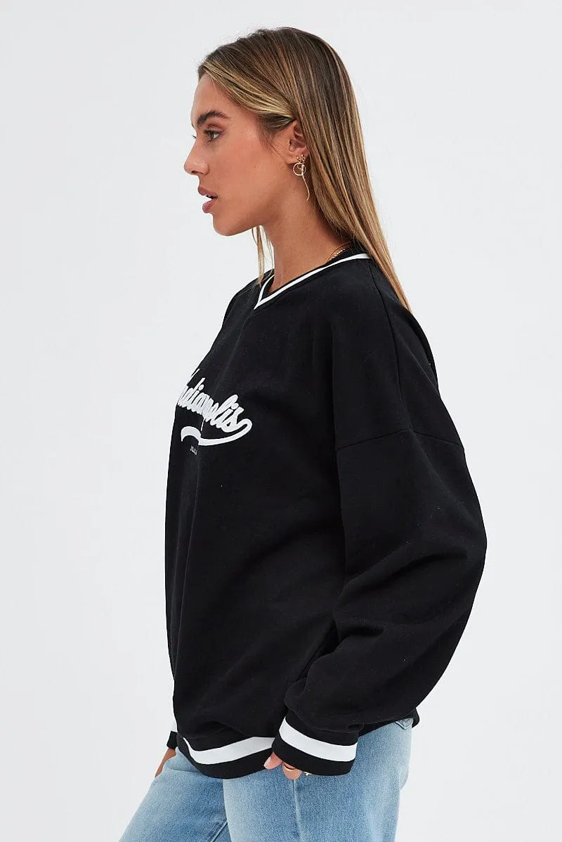 Black Sweat Shirt Long Sleeve V-Neck Oversized Indiana