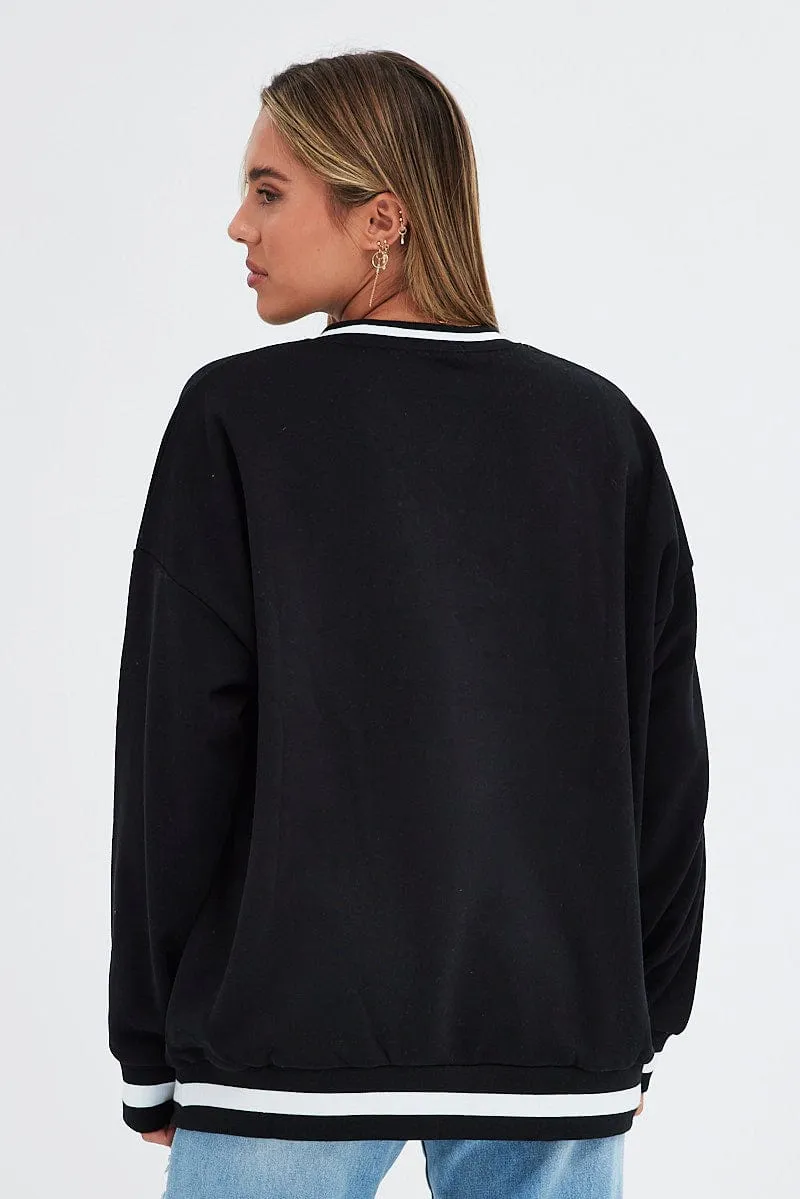Black Sweat Shirt Long Sleeve V-Neck Oversized Indiana