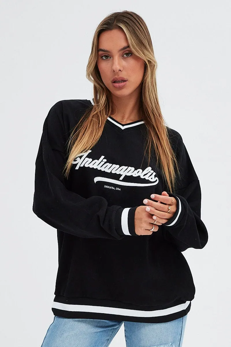 Black Sweat Shirt Long Sleeve V-Neck Oversized Indiana
