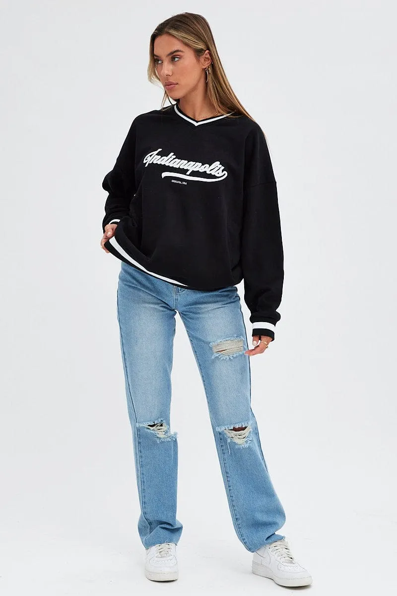 Black Sweat Shirt Long Sleeve V-Neck Oversized Indiana