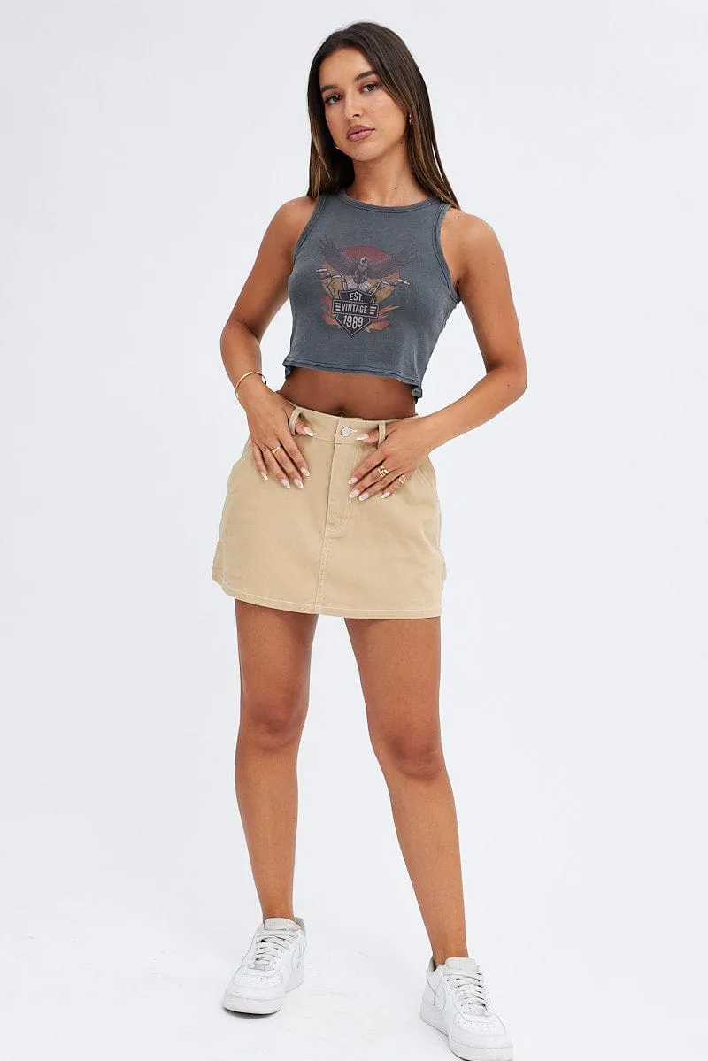 Black Tank Crop Top Round Neck Graphic Print