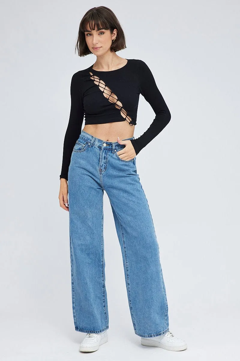 Black Top Long Sleeve Lace Up Seamless