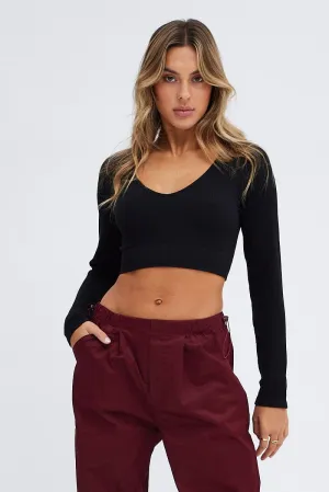 Black Top Long sleeve V neck Seamless