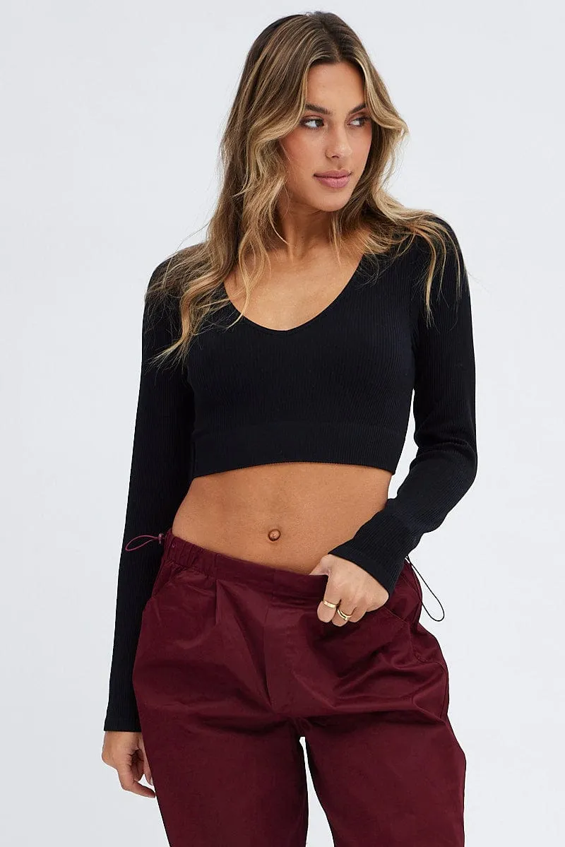 Black Top Long sleeve V neck Seamless