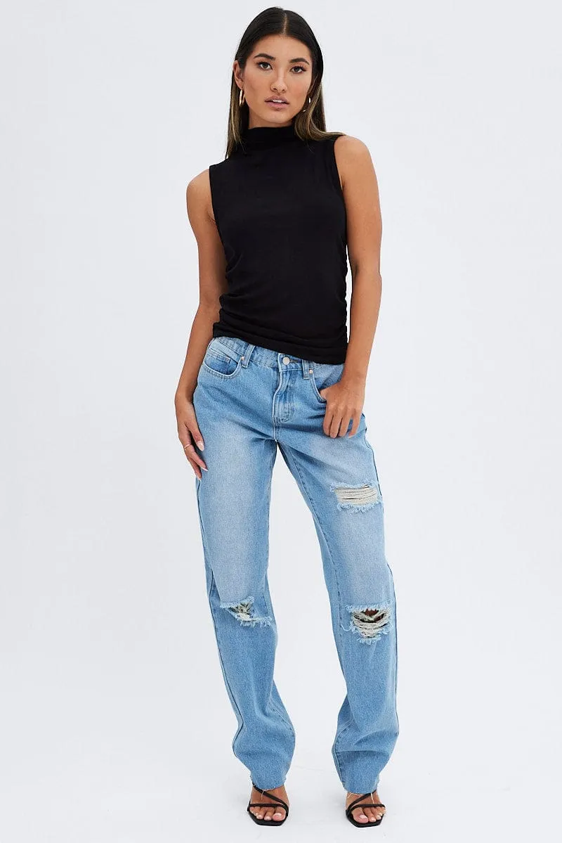 Black Top Sleeveless Cowl Neck Rib