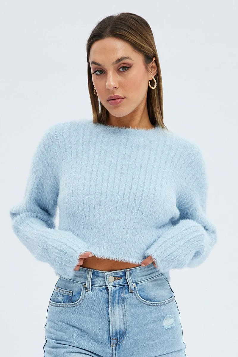 Blue Fluffy Knit Long Sleeve Crop