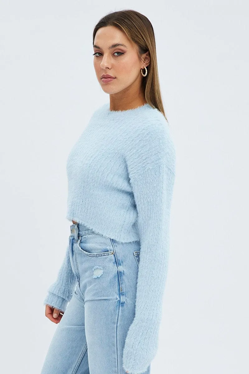 Blue Fluffy Knit Long Sleeve Crop