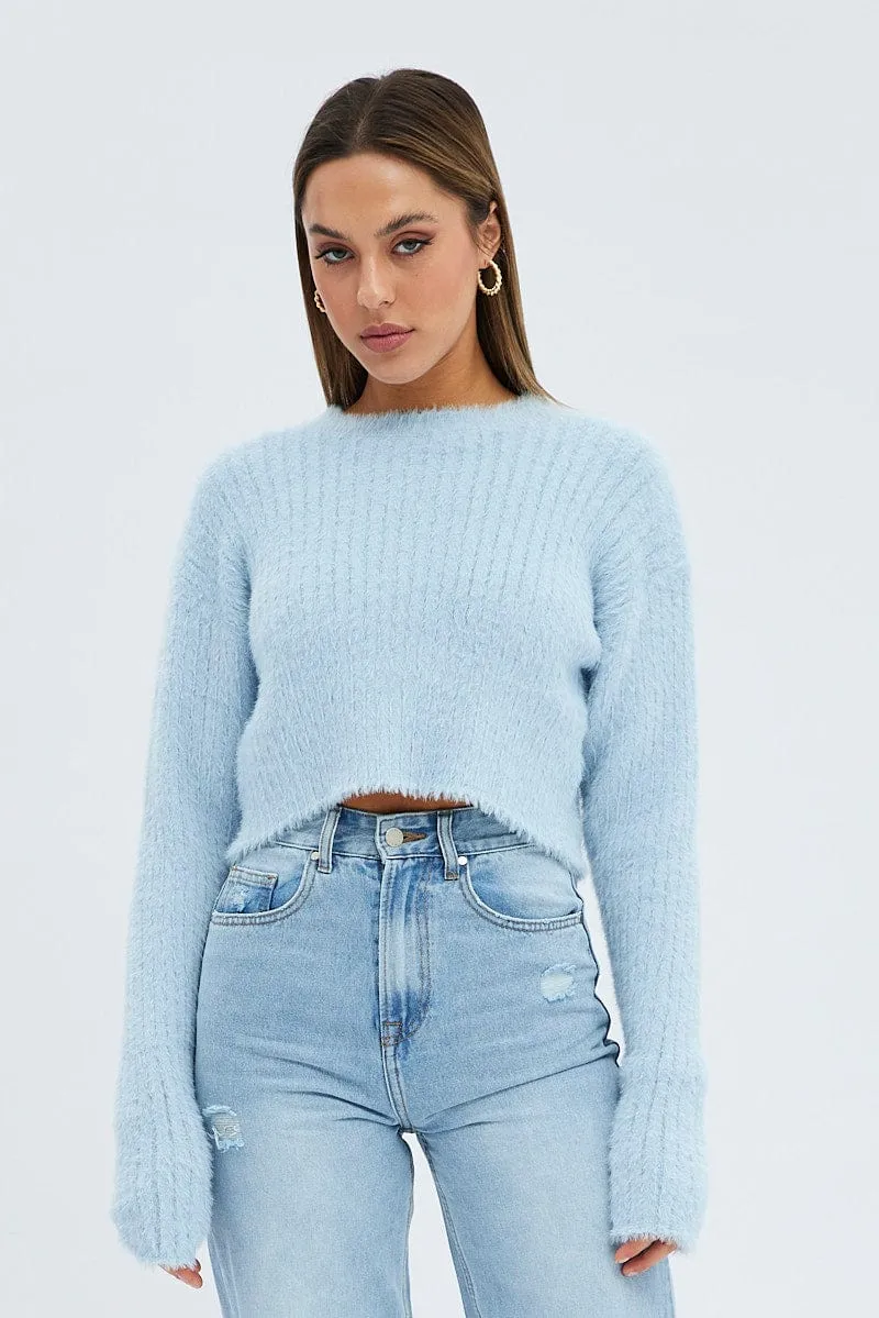 Blue Fluffy Knit Long Sleeve Crop