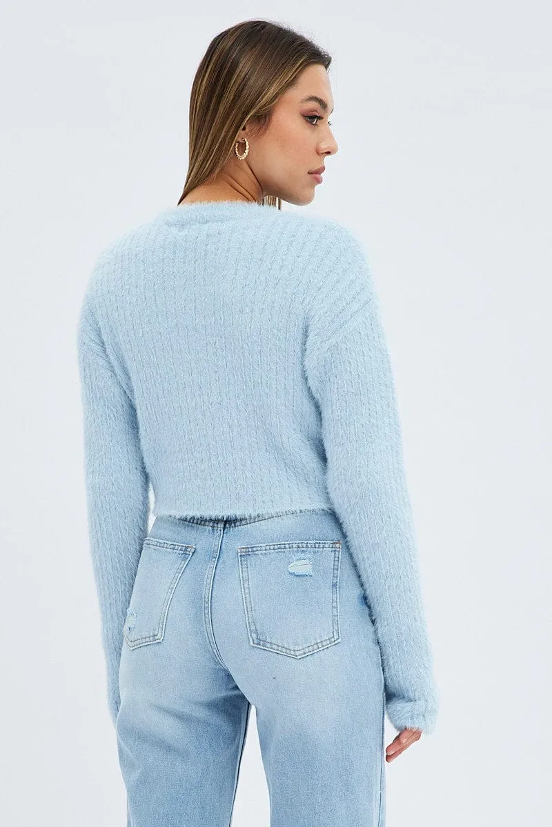 Blue Fluffy Knit Long Sleeve Crop