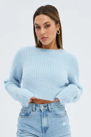 Blue Fluffy Knit Long Sleeve Crop