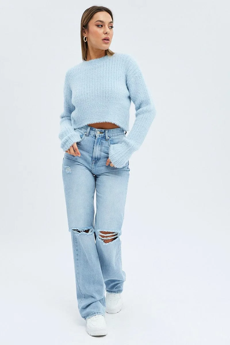 Blue Fluffy Knit Long Sleeve Crop