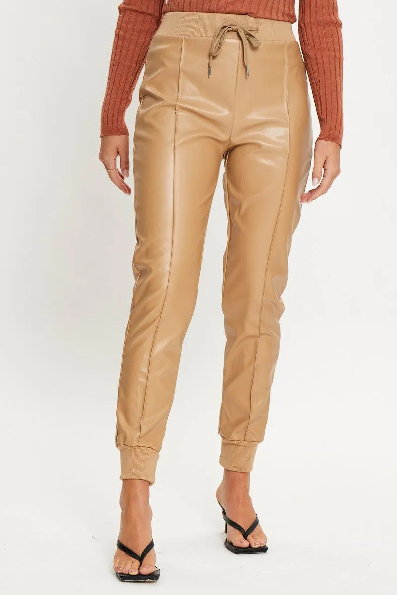Brown High Rise Pants Faux Leather Jogger