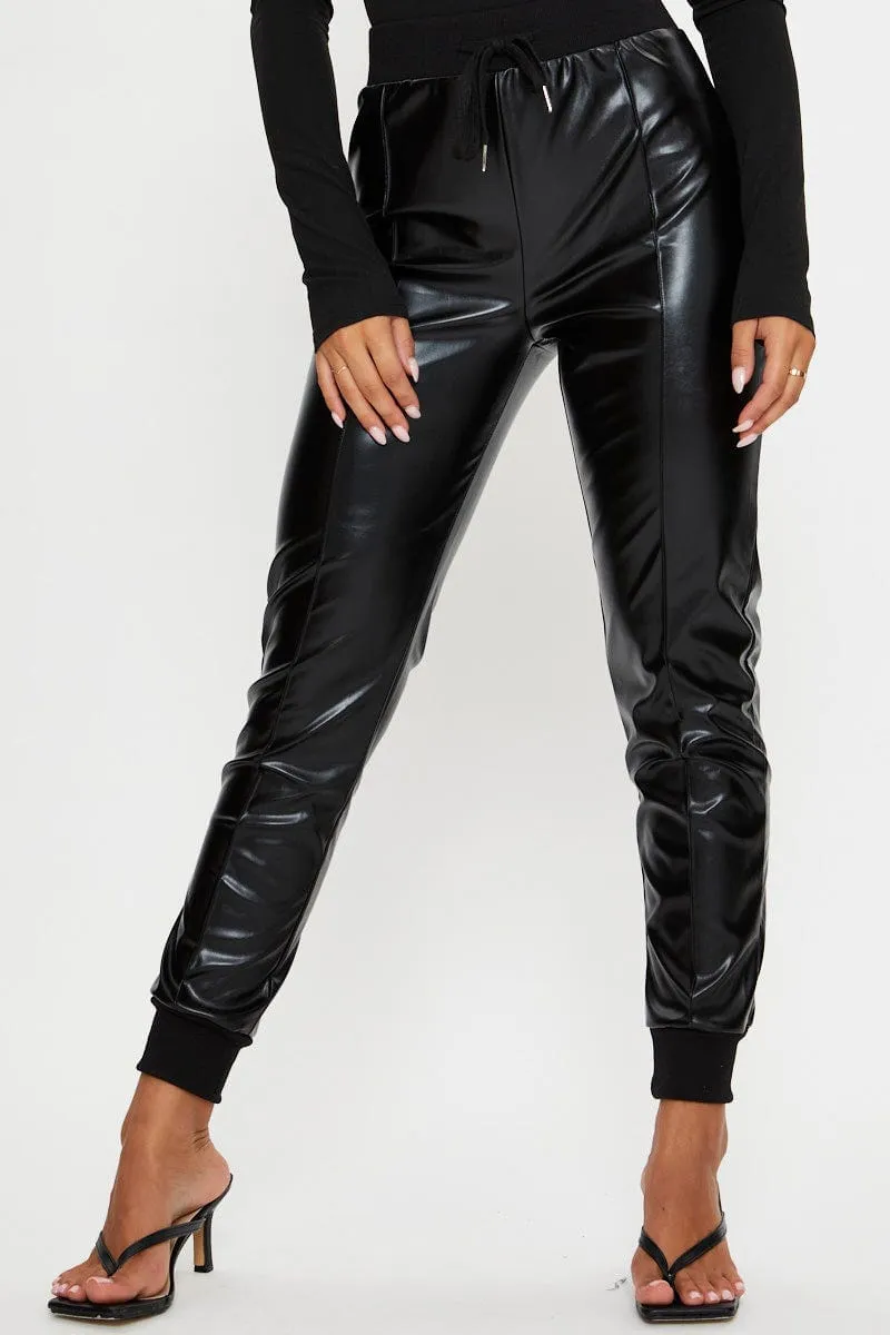 Brown High Rise Pants Faux Leather Jogger