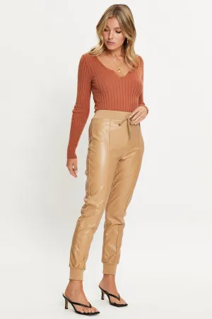 Brown High Rise Pants Faux Leather Jogger