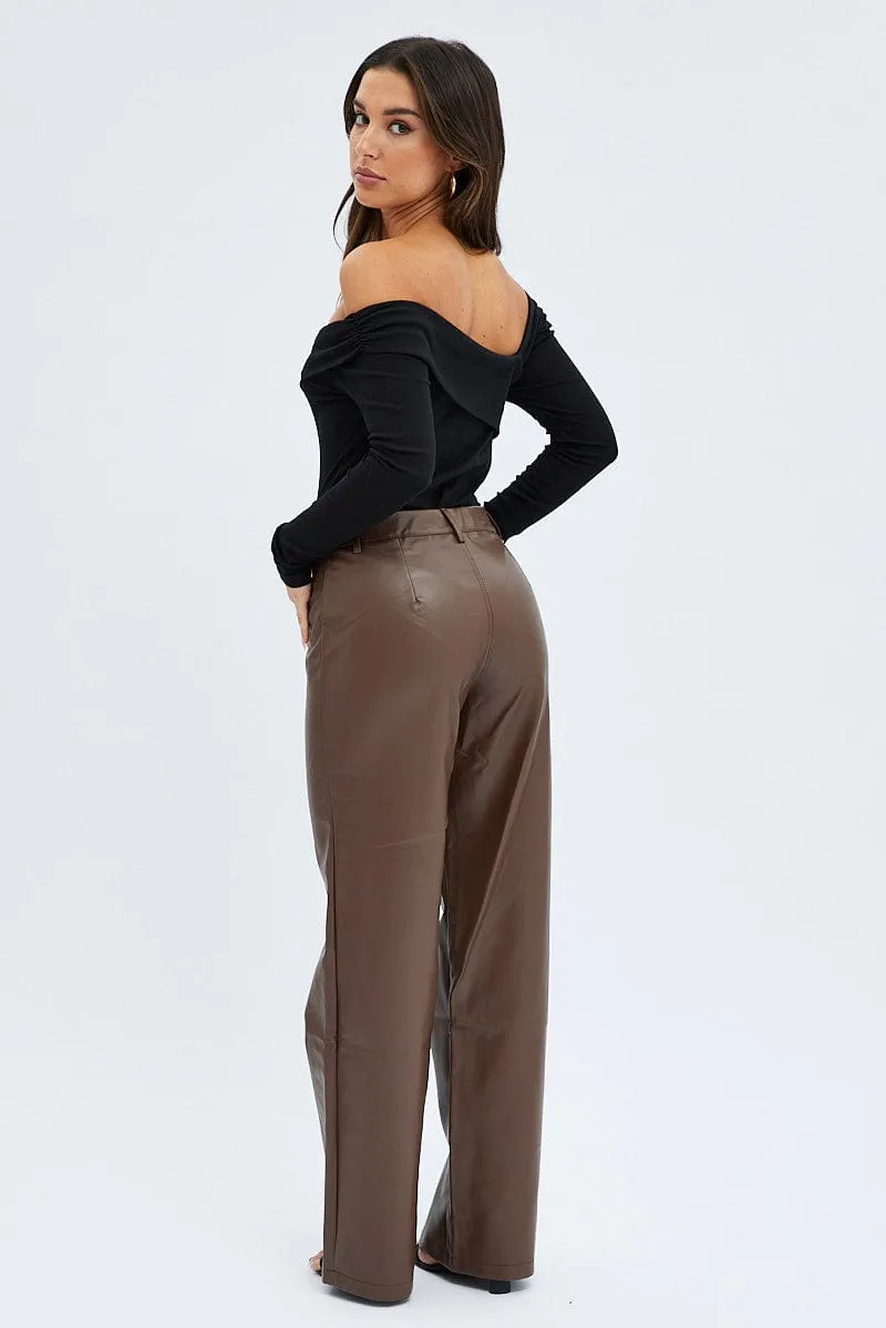 Brown Straight Fit Pants High Rise Faux Leather